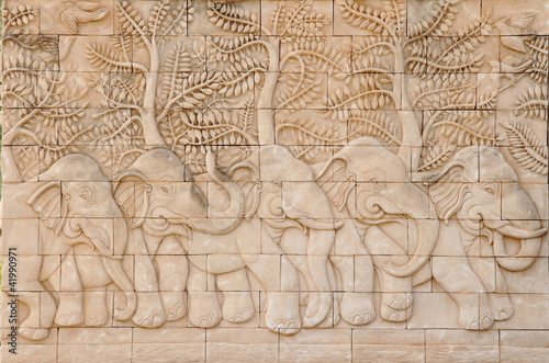 Low relief cement Thai style handcraft of elephant