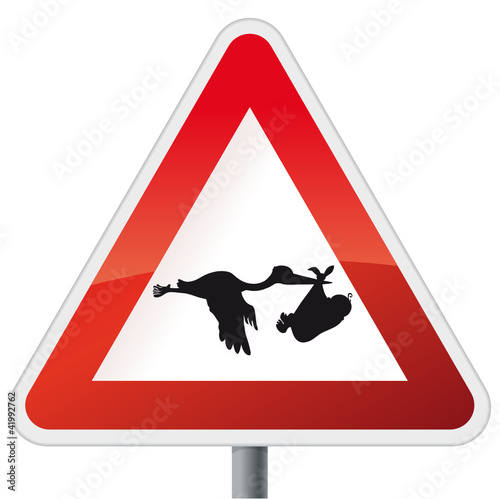 Schild Storch mit Baby auf Weiß