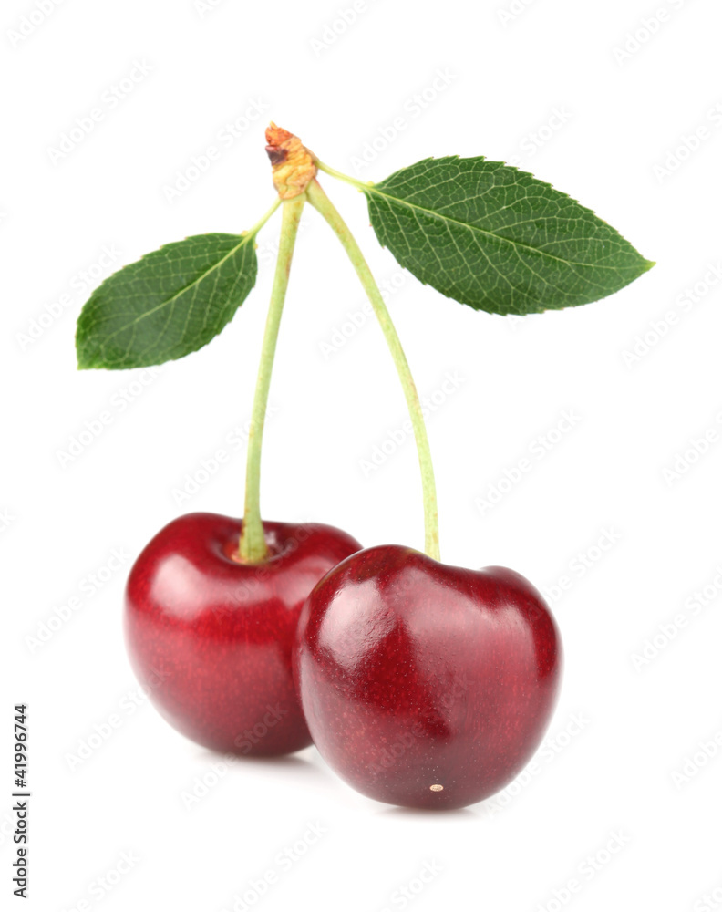 Ripe cherry with leaf Ripe cherry with leaf