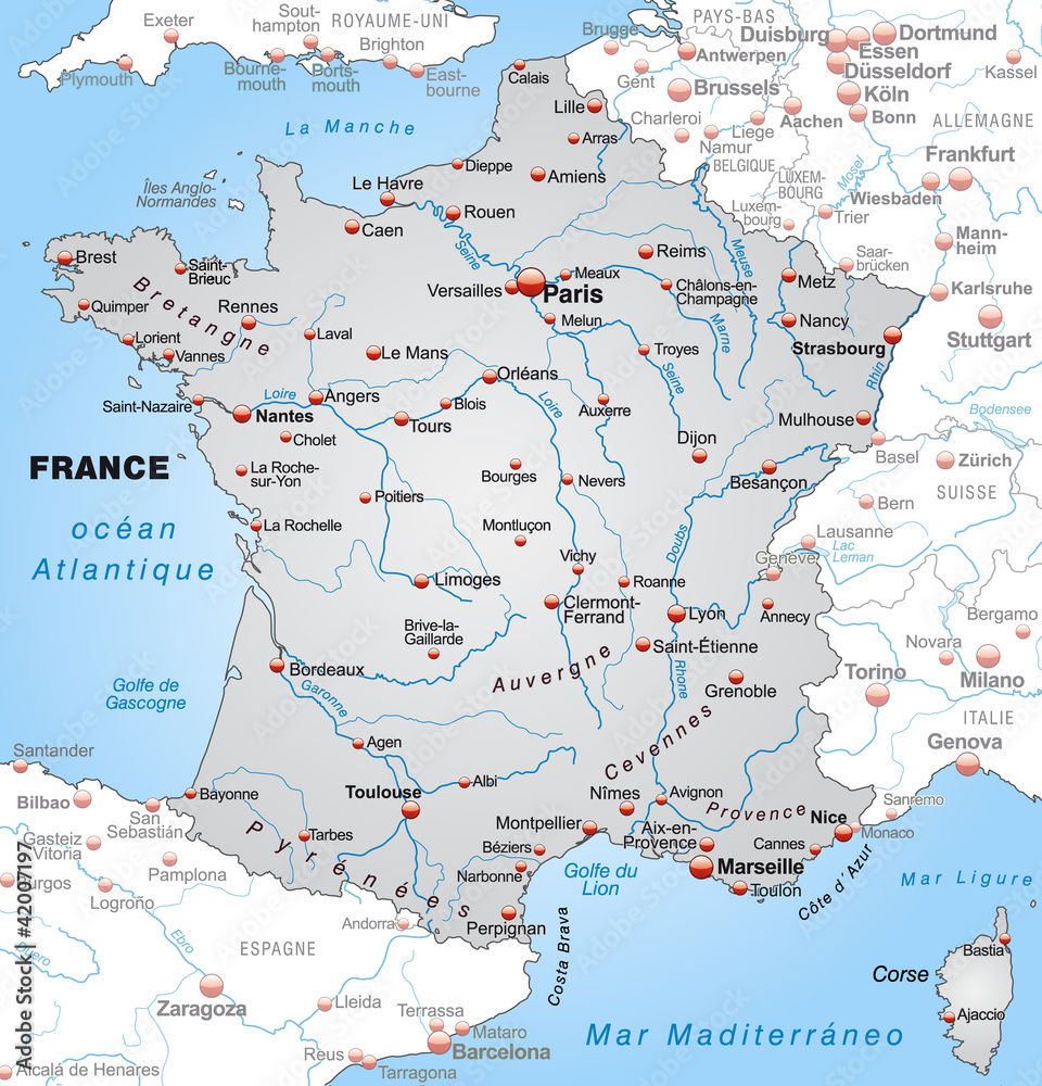Map of France with neighboring countries and capitals