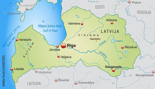Obraz na plátně Map of Latvia with neighboring countries ain green