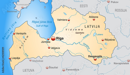 Map of Latvia with neighboring countries and capitals