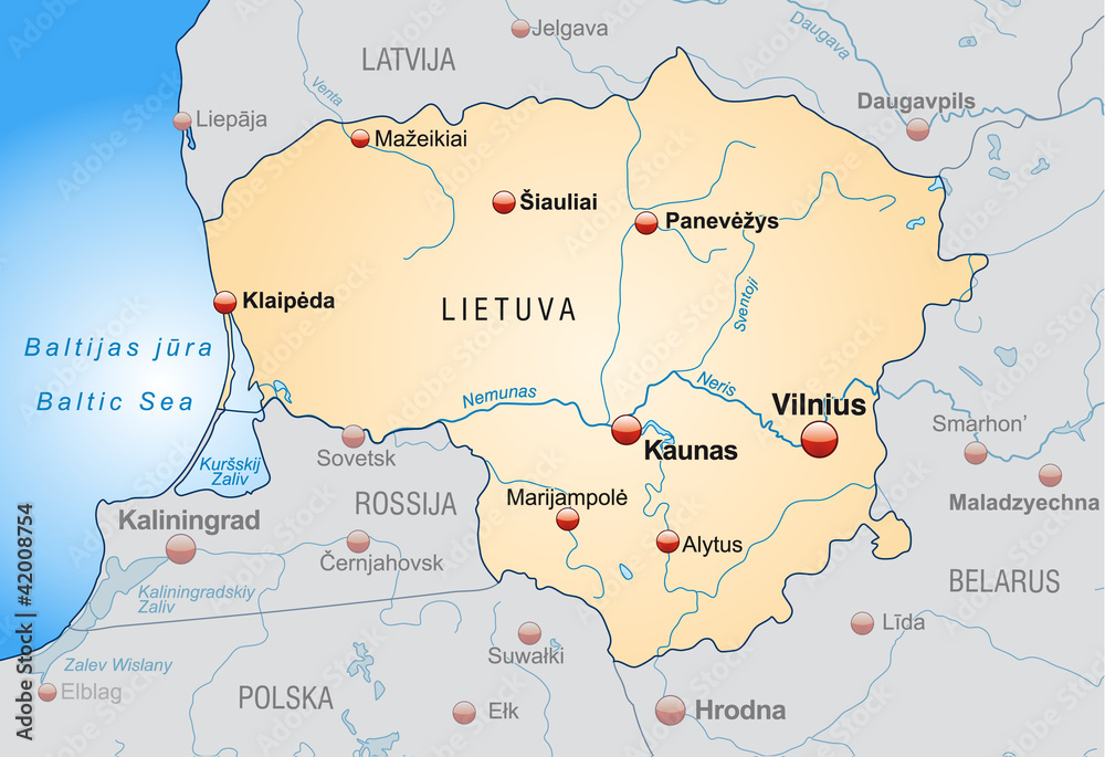 Map of Lithuania with capitals in orange