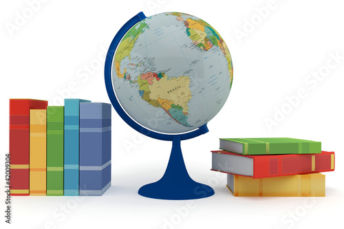 Colorful books for learning and globe