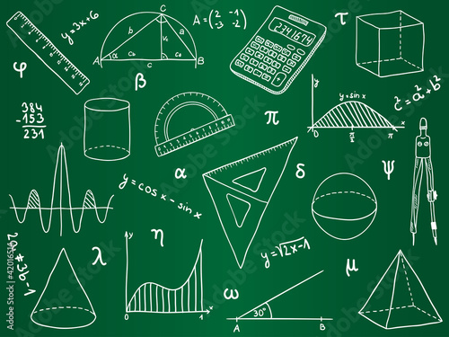 Mathematics - school supplies, geometric shapes and expressions