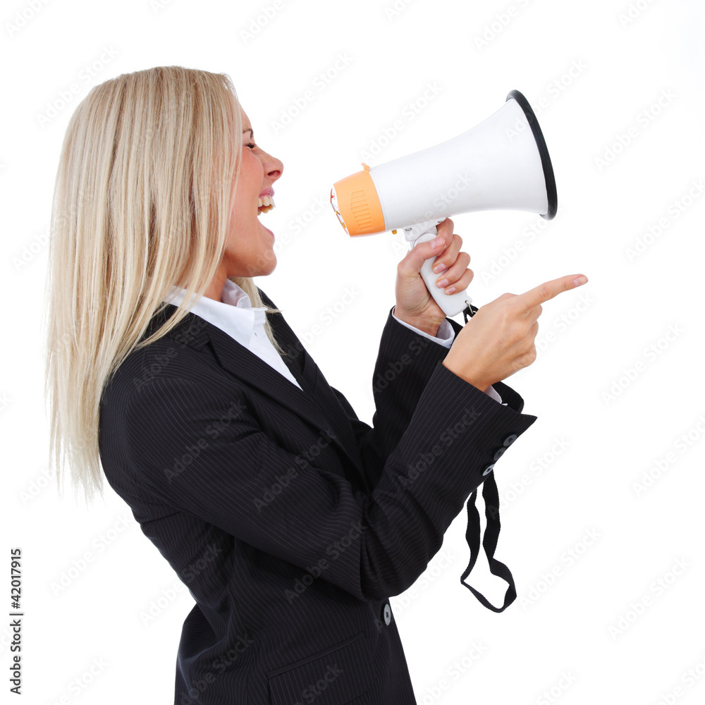 business woman with megaphone isolated white background business woman with megaphone isolated white background