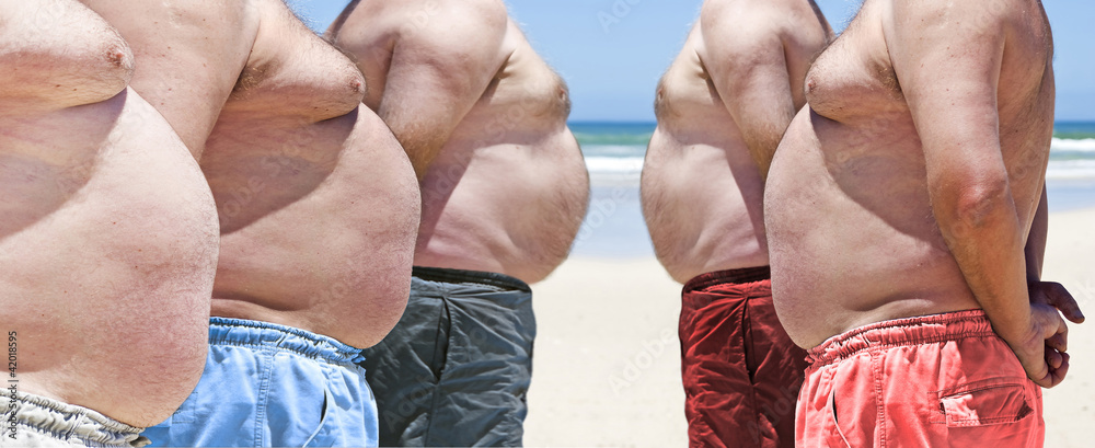 Five very obese fat men on the beach - obrazy, fototapety, plakaty 