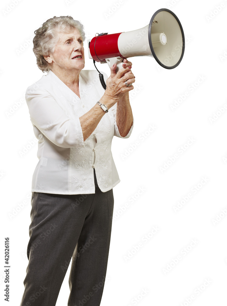 portrait of senior woman holding megaphone over white background portrait of senior woman holding megaphone over white background