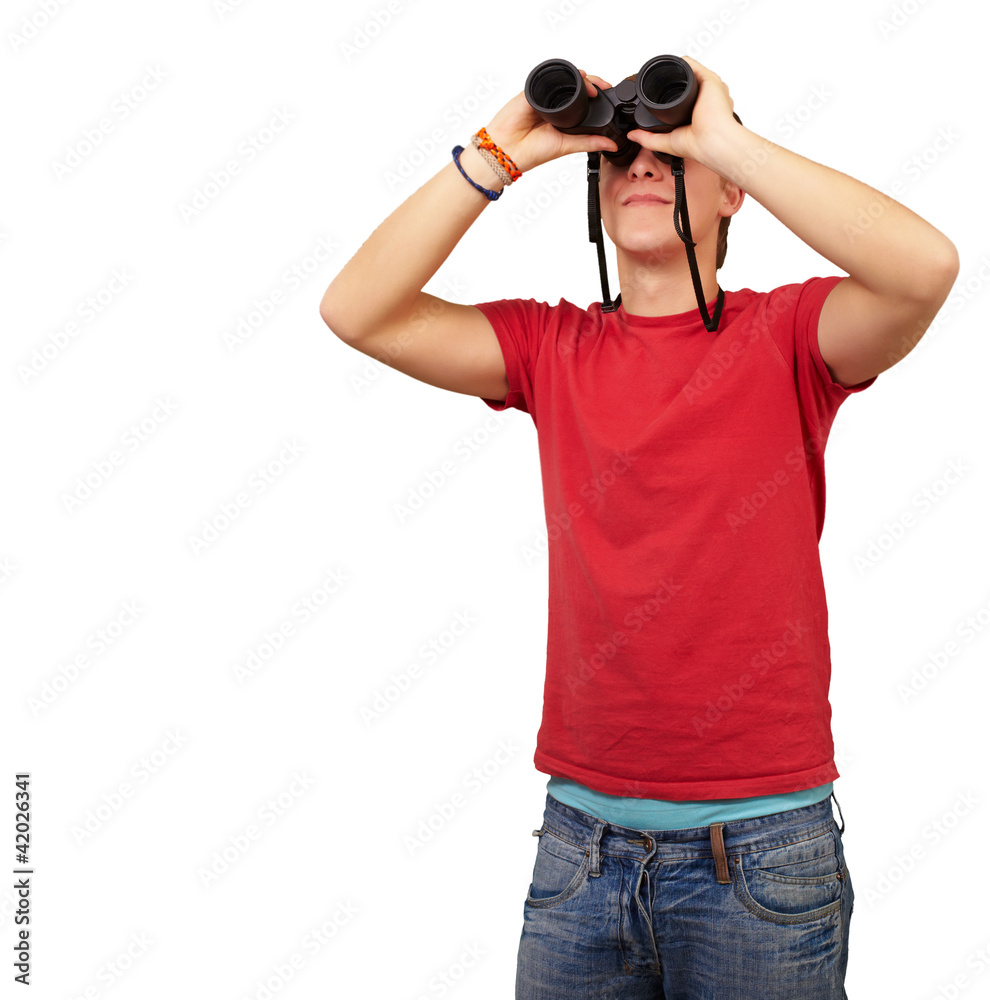 portrait of young man with binoculars over white background portrait of young man with binoculars over white background