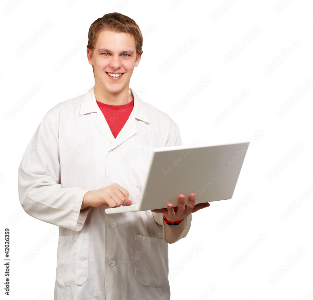 portrait of young student holding laptop over white background portrait of young student holding laptop over white background