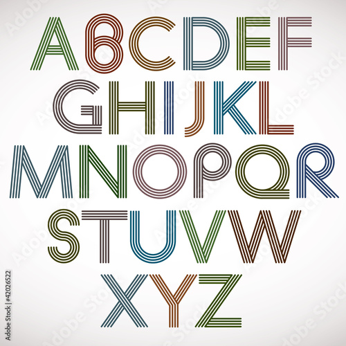 Retro style alphabet, striped letters vector typeface.