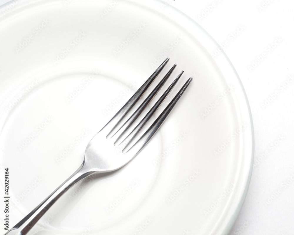 White plate, fork on light background. White plate, fork on light background.