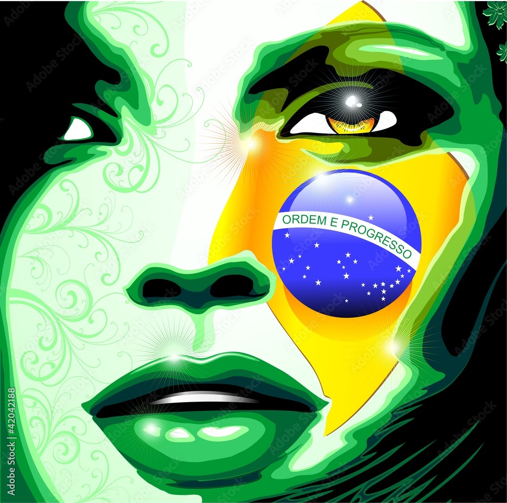 Ritratto Ragazza Bandiera Brasile-Brazil Flag Girl's Portrait Stock Vector