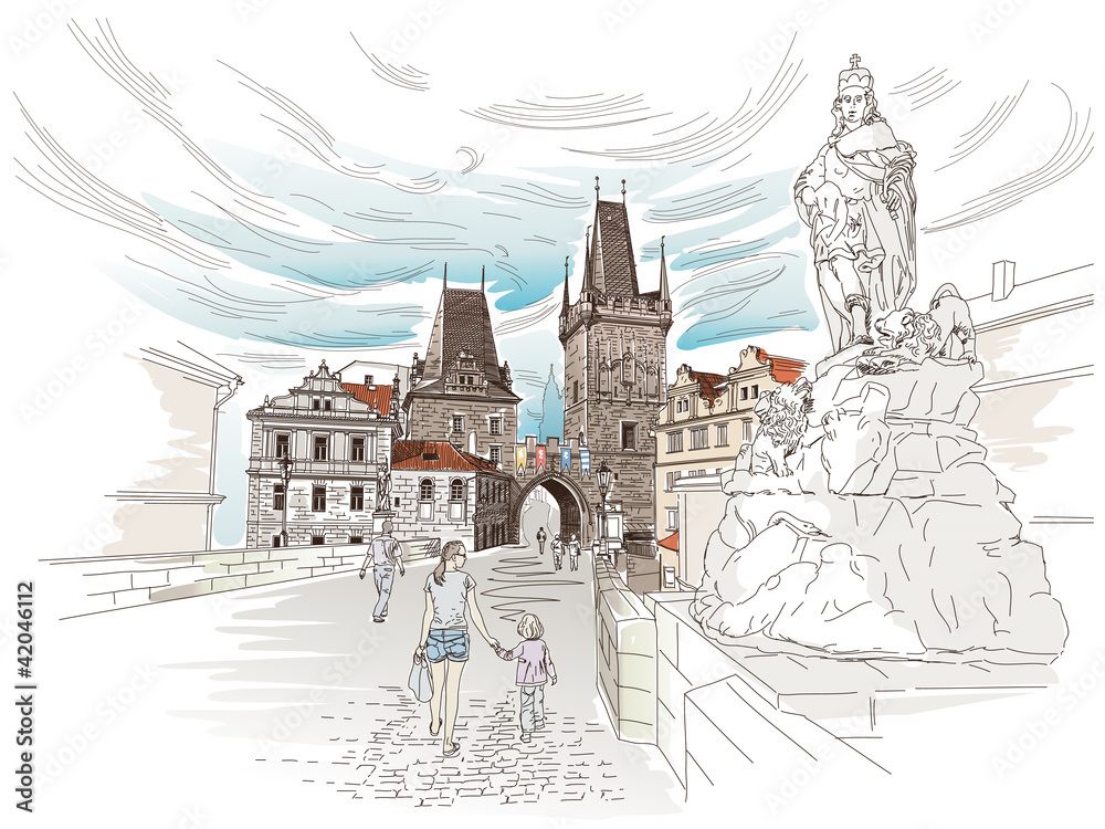 Fototapeta premium A view of the bridge tower at the end of the Charles Bridge, Pra