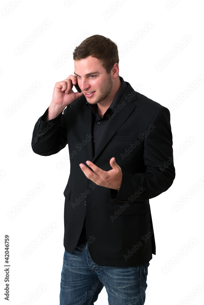 Fototapeta premium Young Man in jacket talking on the phone