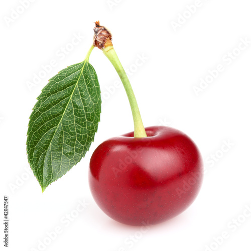 One ripe cherry with leaf