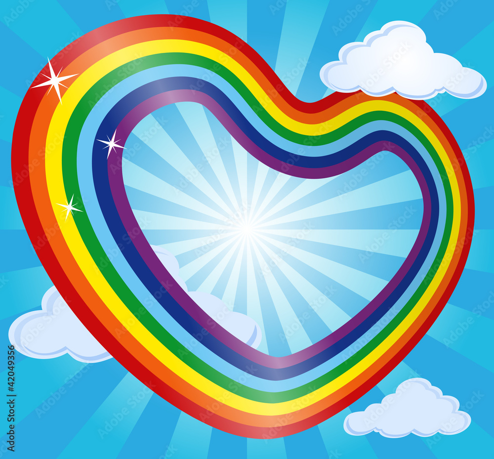 Obraz premium Rainbow heart in sky with clouds and sun Vector illustration