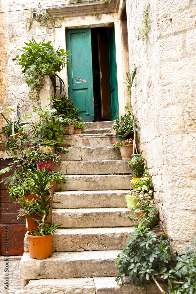 Naklejka premium Widok na otwarte zielone drzwi - Trogir