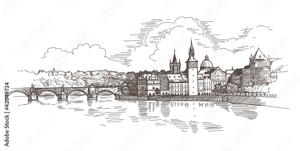 Naklejka premium Panorama Pragi. Widok na Most Karola i Wełtawę