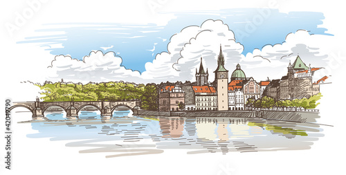 Panorama of Prague. View of Charles Bridge and the Vltava river