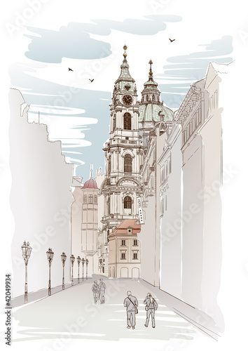 Vector sketch of Saint Nicholas Cathedral in Prague
