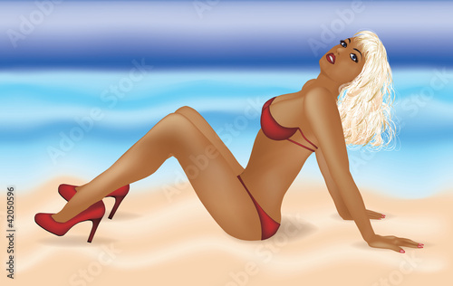 Sexual blonde on a beach. vector illustration