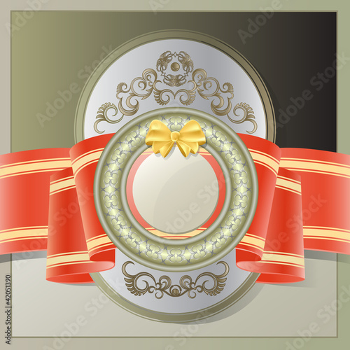 Vintage background with gold label  and red  ribbon