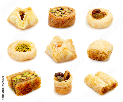 Arab sweets isolated on white, turkish and egyptian food baklava and other oriental dessert