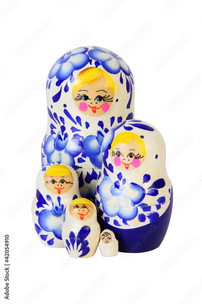 Five blue painted Russian matryoshkas isolated on white Five blue painted Russian matryoshkas isolated on white