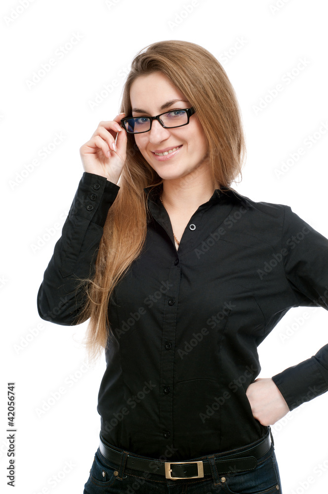 Young girl with glasses and a black shirt, smiling. Young girl with glasses and a black shirt, smiling.