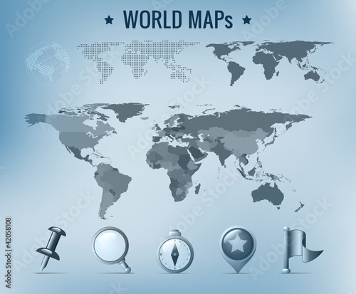 World map vector: political, dotted, solid. Navigation Icon pack