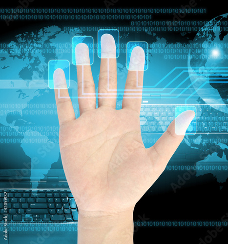 businessman scanning of a finger on a touch screen interface