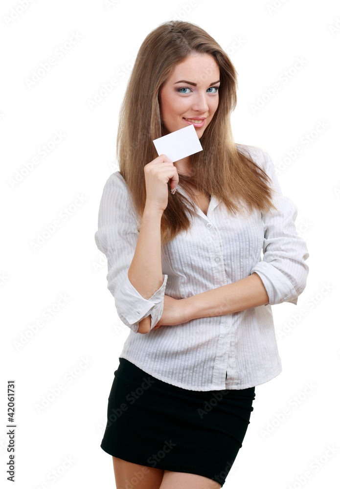 woman holds out a business card