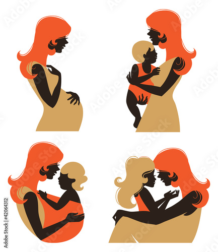 Mother silhouette with baby. Set of silhouette pregnant woman an
