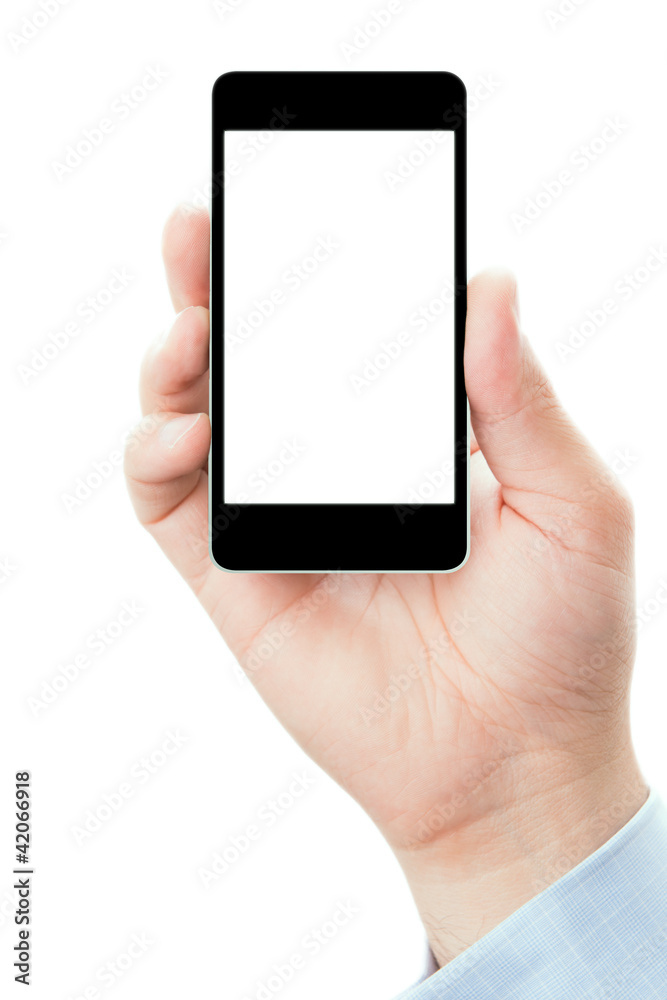 Hand holding smartphone in vertical position Hand holding smartphone in vertical position
