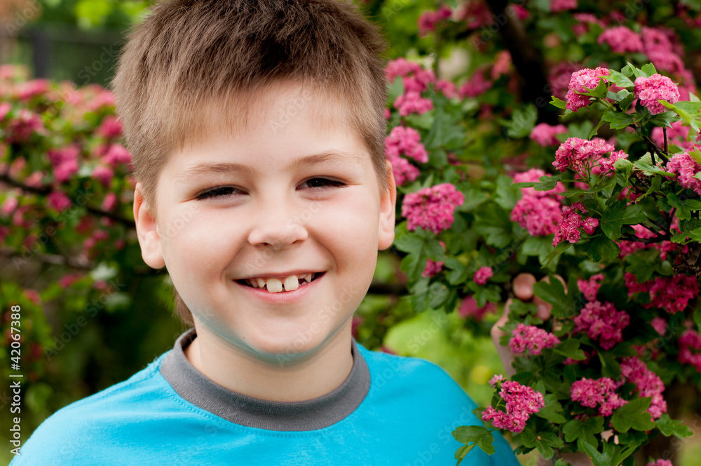 A boy near the a flowering tree A boy near the a flowering tree