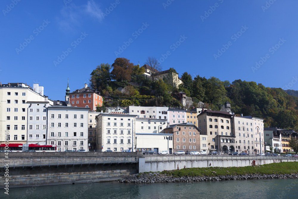 buildings along Salzbach river in Salzburg