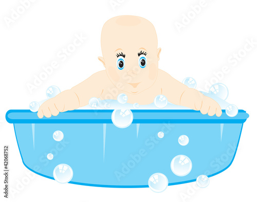 Small child is washed in basin