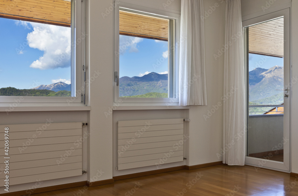 Fototapeta premium interior house, empty room, window with white curtains
