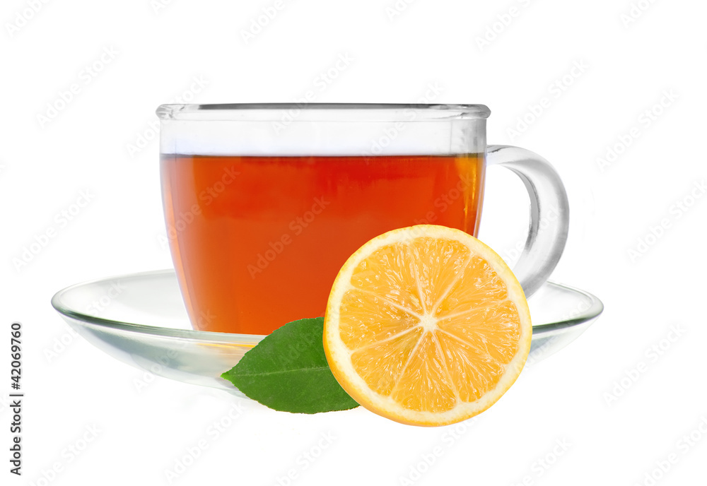 Glass cup tea with lemon slice isolated on a white background Glass cup tea with lemon slice isolated on a white background