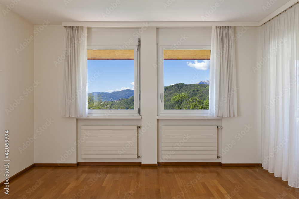 Fototapeta premium interior house, empty room, window with white curtains
