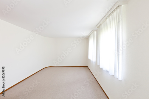 interior house, empty room, window with white curtains