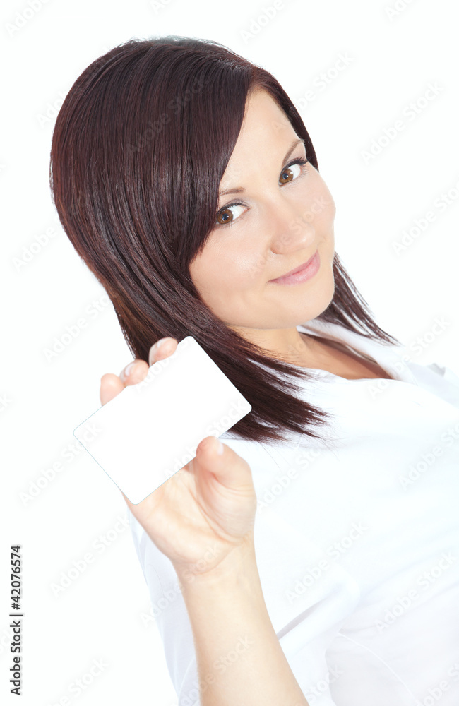 woman holding visit card isolated over white woman holding visit card isolated over white