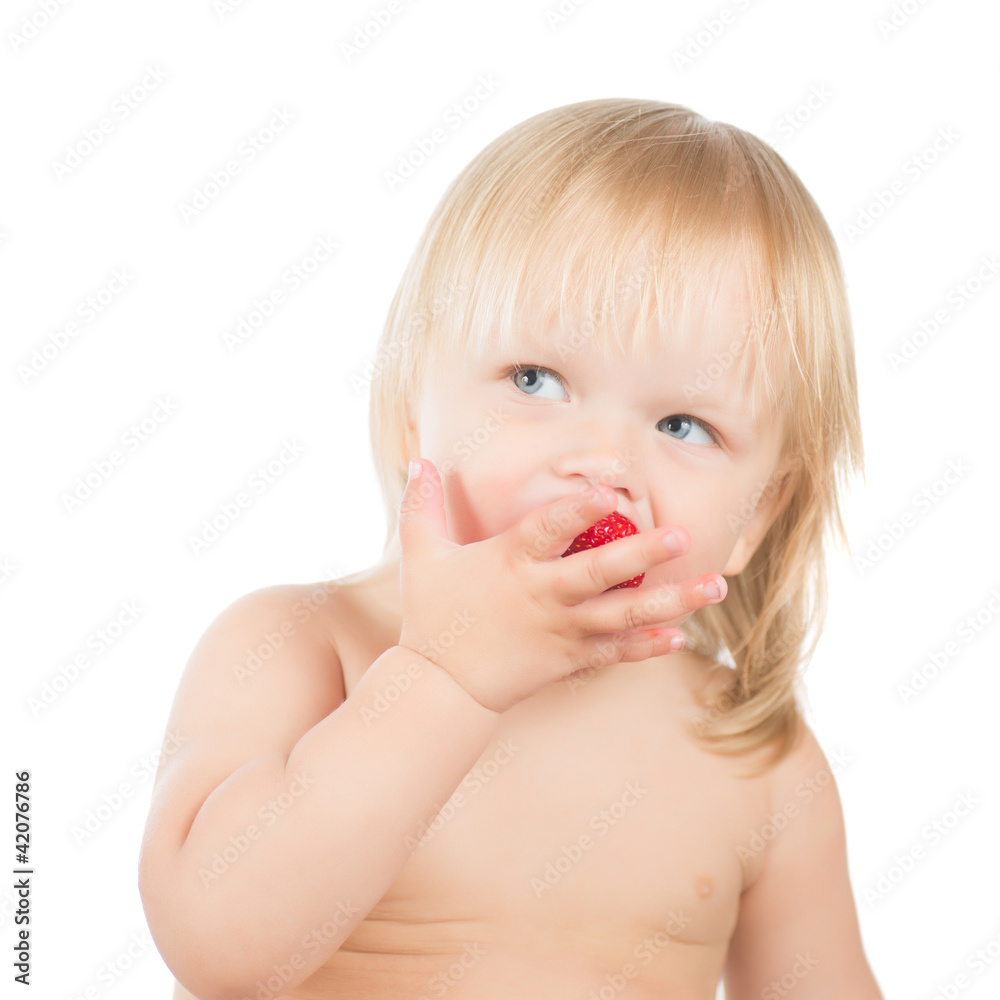 Adorable toddler girl eat strawberry sitting on white background Adorable toddler girl eat strawberry sitting on white background