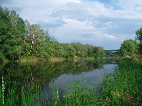 river, land with trees and cloudy sky