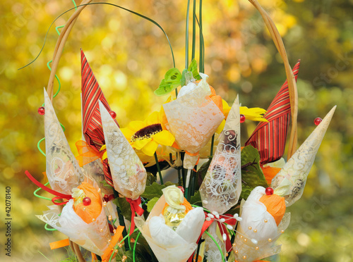 Hadmade Decorative Basket with Flowers photo