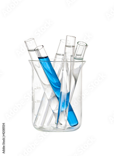 Принти на полотні Chemical flask with a blue test tubes inside