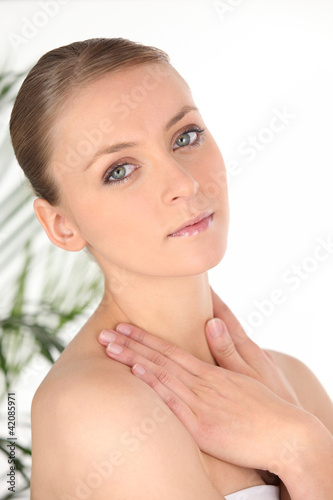 a blonde woman after the shower