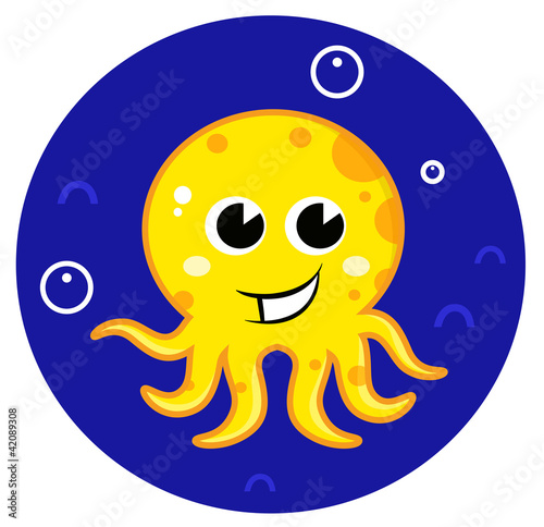 Yellow cartoon octopus in sea water