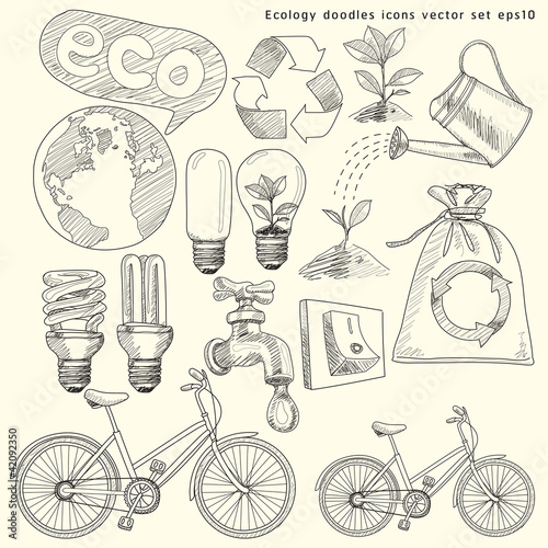 Ecology doodles icons vector set